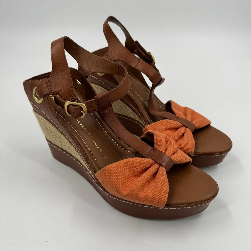 Franco Sarto Riviera Wedge Sandal Womens 8.5 Brown Orange Leather Bow Espadrille